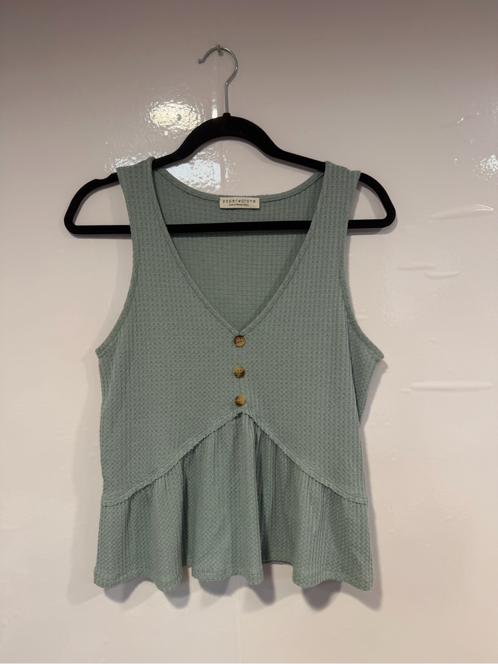 Maeve Papercrane Sleeveless V-Neck‎ Peplum Tank Top in Sage Green